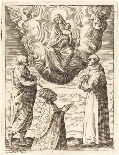 Bonifacio VIII con los santos Francisco y Crispín adorando a la Virgen y el Niño de Jacques Callot