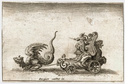 Combat a la barriere: Un carro tirado por un dragón ... (grabado) de Jacques Callot
