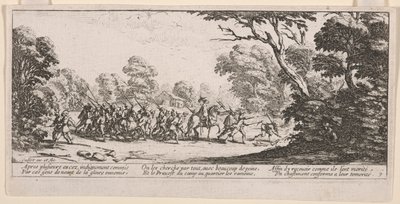 Descubrimiento de los malhechores, ilustración de Las grandes miserias de la guerra de Jacques Callot