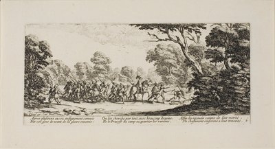 Descubrimiento de los soldados criminales, lámina nueve de Las miserias de la guerra de Jacques Callot