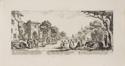 Soldados moribundos al borde del camino, lámina dieciséis de Las miserias de la guerra de Jacques Callot