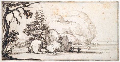 Rocas fantásticas en la costa, edificios en la orilla de Jacques Callot