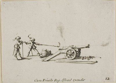 Disparando el cañón, lámina doce de Los ejercicios militares de Jacques Callot