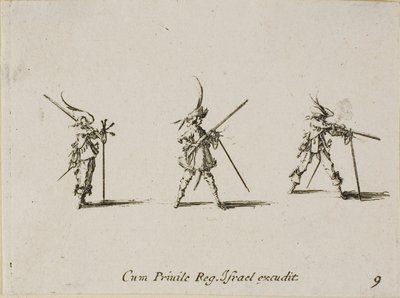 Disparando el Mosquete, lámina nueve de Los Ejercicios Militares de Jacques Callot
