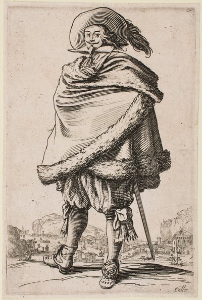 Caballero envuelto en una capa con adornos de piel, de la serie “La nobleza” de Jacques Callot