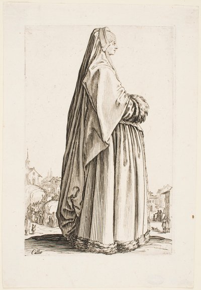 Dama con velo largo y vestido con adornos de piel, de la serie “La nobleza de Lorena” de Jacques Callot
