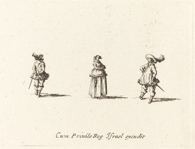 Dama con los brazos cruzados y dos caballeros de Jacques Callot