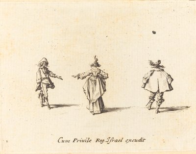 Dama con brazo extendido, vista desde atrás, y dos caballeros de Jacques Callot