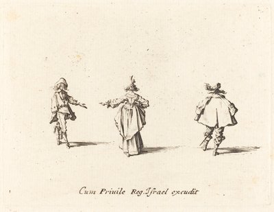 Dama con brazo extendido, vista desde atrás, y dos caballeros de Jacques Callot