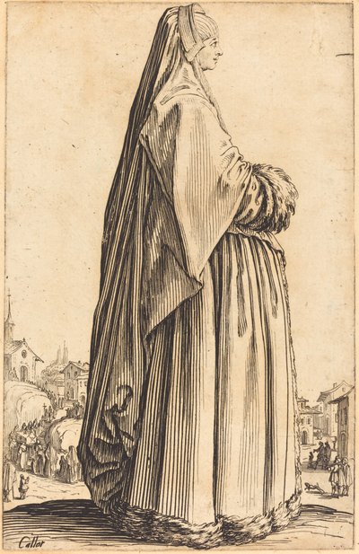 Mujer noble con velo y vestido adornado con piel de Jacques Callot