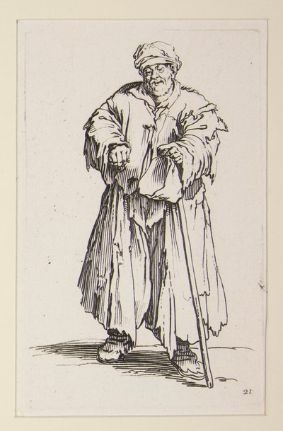 Hombre obeso con los ojos bajos, de los Mendigos (Le mendiant obese aux yeux baisses) de Jacques Callot