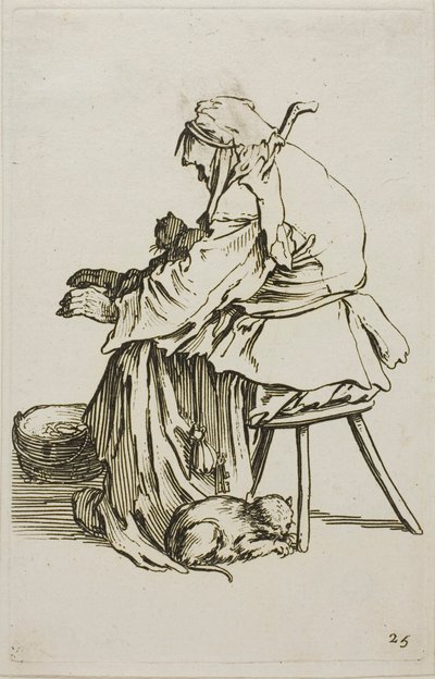 Anciana con gatos, lámina 25 de Los mendigos de Jacques Callot