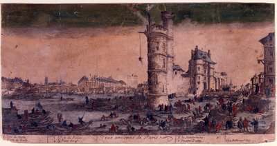 París, Ile de la Cité, Le Pont Neuf y la Torre de Nesle. Grabado por Jacques Callot. de Jacques Callot