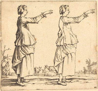 Campesina, de perfil, mirando a la derecha, con el brazo extendido de Jacques Callot