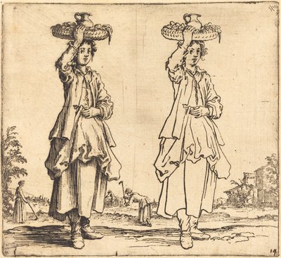 Campesina con cesta en la cabeza, vista frontal de Jacques Callot
