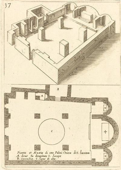Plano y elevación de la iglesia de S. Iacoma de Jacques Callot