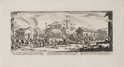 Saqueando y quemando un pueblo, lámina siete de Las miserias de la guerra de Jacques Callot
