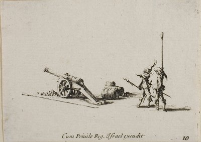 Preparándose para disparar el cañón, lámina diez de Los ejercicios militares de Jacques Callot