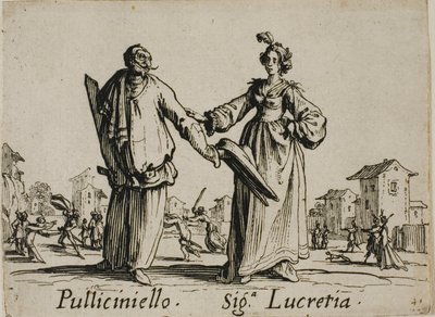 Pulliciniello - Signora Lucretia, lámina 9 de Balli di Sfessania de Jacques Callot