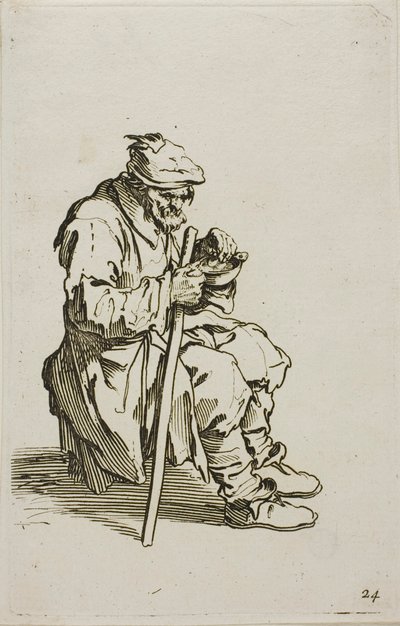 Mendigo sentado comiendo, lámina 24 de Los mendigos de Jacques Callot