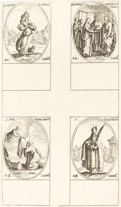 Santa Inés; El matrimonio de la Virgen; San Ildefonso; San Timoteo de Jacques Callot