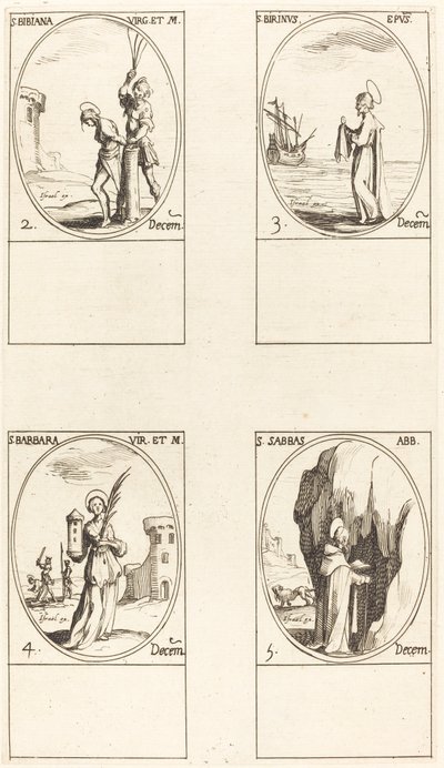 Santa Irene y compañeras; Santa Cristiana; Santos Ananías, Azarías y Misael; San Florianus y de Jacques Callot