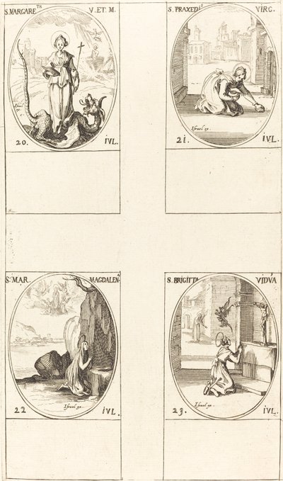 Santa Margarita de Antioquía; Santa Praxedes; Santa María Magdalena; Santa Brígida de Suecia de Jacques Callot