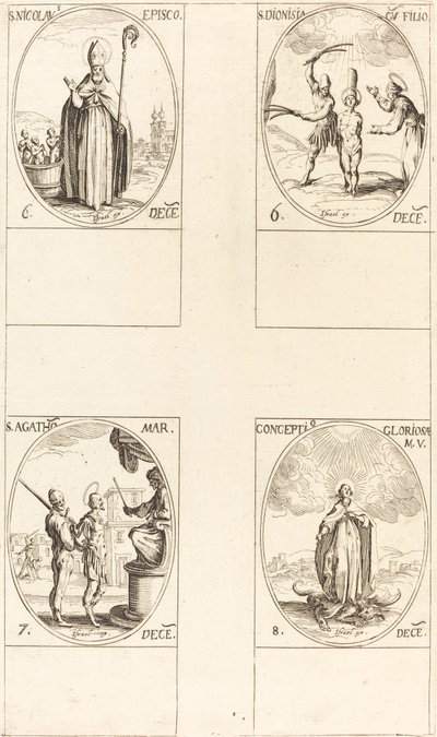 San Nicolás; Santa Dionisia y su hijo; Santa Águeda; Concepción de la Virgen de Jacques Callot