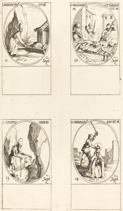 San Pafnucio; Santos Macedonio y Teódulo; San Amato; San Cornelio de Jacques Callot