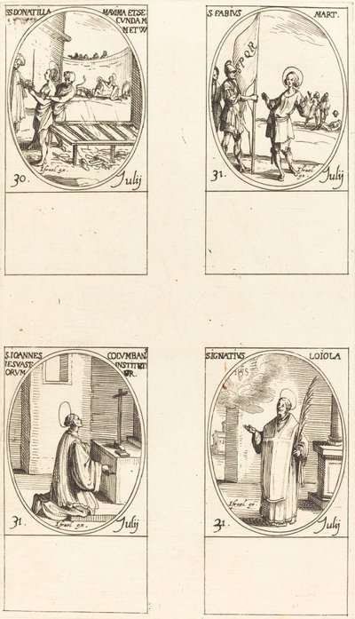Santos Donatilla, Máxima y Secunda; San Fabio; San Juan Colombini; San Ignacio de Loyola de Jacques Callot