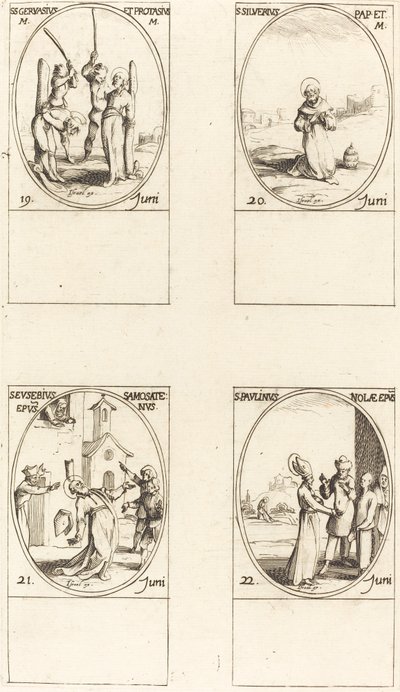 Santos Gervasio y Protasio; San Silverio; San Eusebio de Samosata; San Paulino de Nola de Jacques Callot