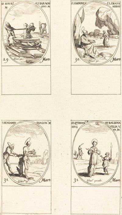 Santos Jonás y Barachisio; San Juan Clímaco, Abad; San Benjamín; Santos Quirino y Bal de Jacques Callot