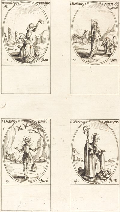Santos Panfilio y Porfirio; Santa Blandina y compañeros; San Erasmo; San Optato de Jacques Callot