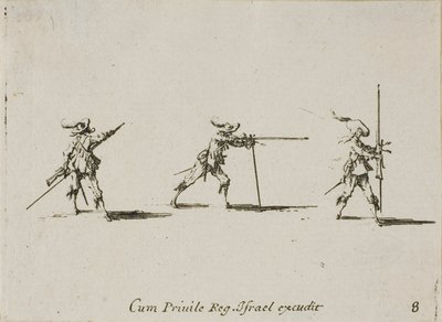 Tomando la posición de disparo con el mosquete, lámina ocho de Los ejercicios militares de Jacques Callot