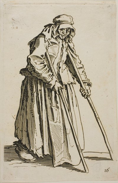 El mendigo con muletas y su cartera de mendigo, lámina diez de Los mendigos de Jacques Callot