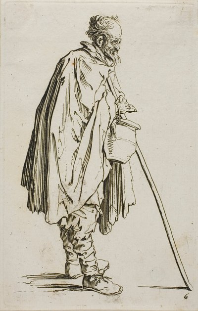 El mendigo con un calentador de pies, placa seis de Los mendigos de Jacques Callot