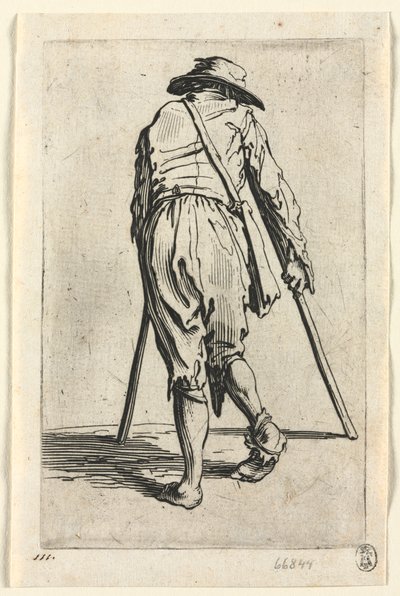 Los mendigos: mendiga con muletas, usando un sombrero de Jacques Callot