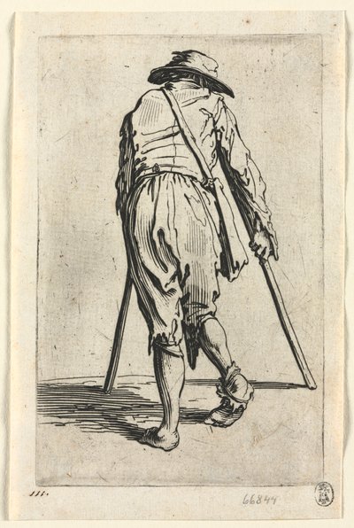 Los mendigos: Mendigo en muletas, con sombrero, c. 1623 de Jacques Callot