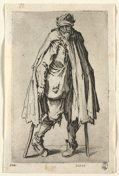 Los mendigos: mendigo en muletas con una bolsa de Jacques Callot