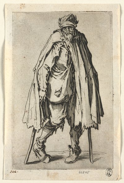 Los mendigos: Mendigo con muletas y una bolsa, c. 1623 de Jacques Callot