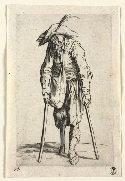 Los Mendigos: Mendigo con pierna de madera, c. 1623 de Jacques Callot