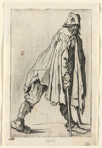 Los mendigos: El mendigo con muletas, con gorra, c. 1623 de Jacques Callot