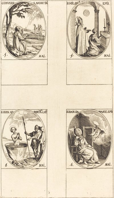 La conversión de San Agustín; San Hilario; San Juan ante el portal latino; San Juan de Damasco de Jacques Callot