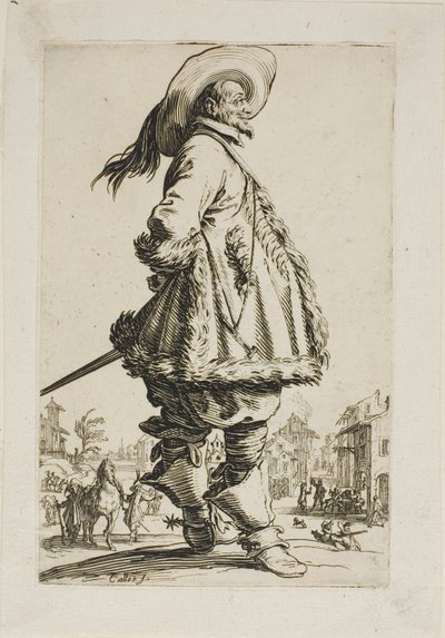 El caballero con un manto adornado con piel, con las manos detrás de la espalda, lámina siete de La Nobleza de Jacques Callot