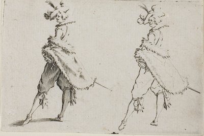 El caballero con abrigo, posando con las manos en las caderas, de Los Caprichos de Jacques Callot