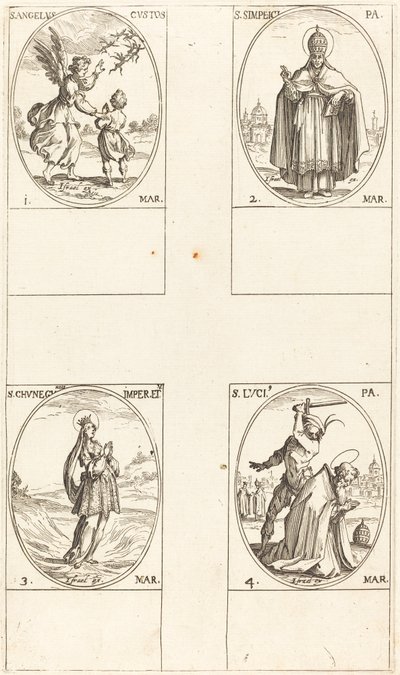 El ángel de la guarda, San Simplicio, Santa Cunegunda, Santa Lucía de Jacques Callot