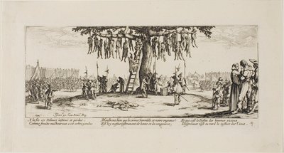 La horca, lámina once de Las miserias de la guerra de Jacques Callot