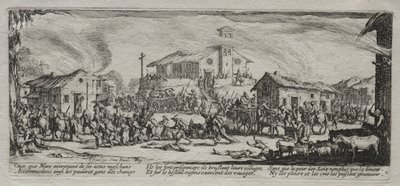 Las grandes miserias de la guerra: Saqueo e incendio de una aldea, 1633 de Jacques Callot