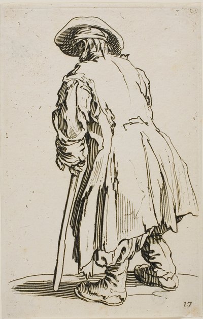 El viejo mendigo apoyado en su muleta, lámina diecisiete de Los mendigos de Jacques Callot