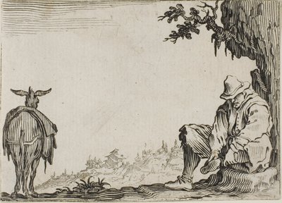 El campesino quitándose los zapatos, de Los Caprichos de Jacques Callot